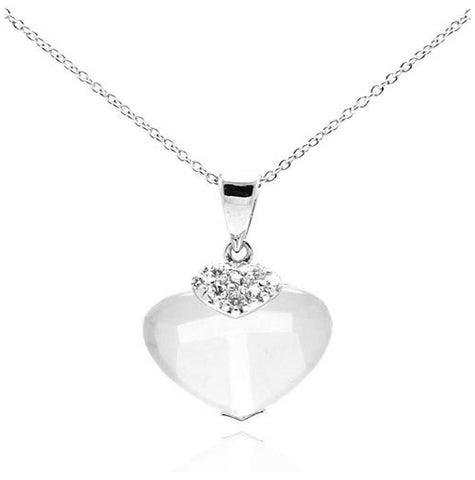 .925 Sterling Silver Rhodium Plated Clear Cz Heart Pendant Necklace