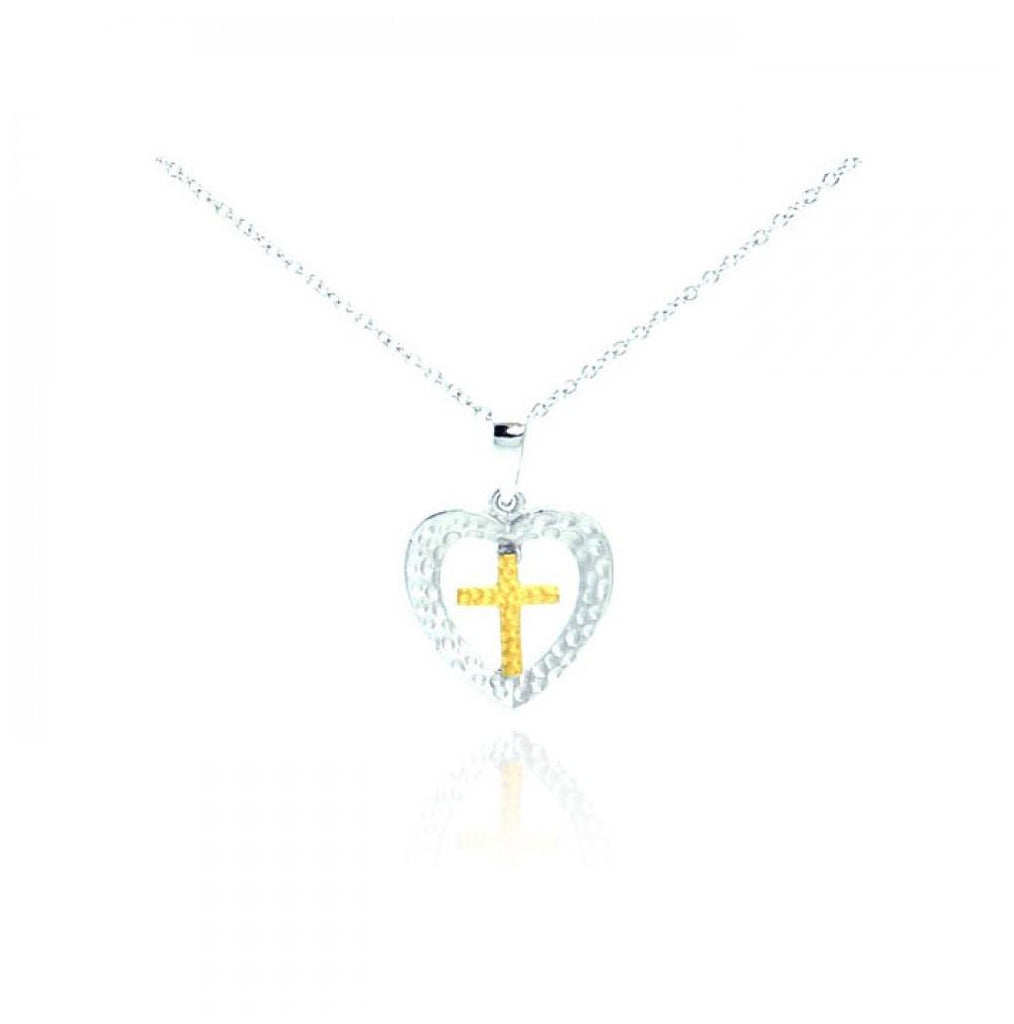 .925 Sterling Silver Rhodium & Gold Plated Clear Cz Cross Heart Pendant Necklace