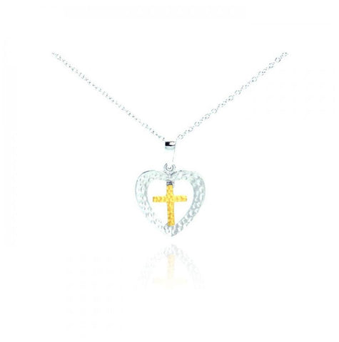 .925 Sterling Silver Rhodium & Gold Plated Clear Cz Cross Heart Pendant Necklace