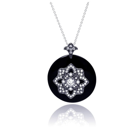 .925 Sterling Silver Black Rhodium Plated Clear Cz Black Synthetic Pendant Necklace