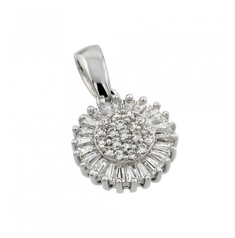 .925 Sterling Silver Rhodium Plated Clear Cluster And Baguette Cz Flower Pendant Necklace