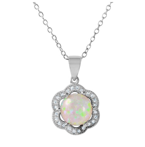 .925 Sterling Silver Rhodium Plated Cz Accent Flower Shaped Pendant With Opal Center Stone