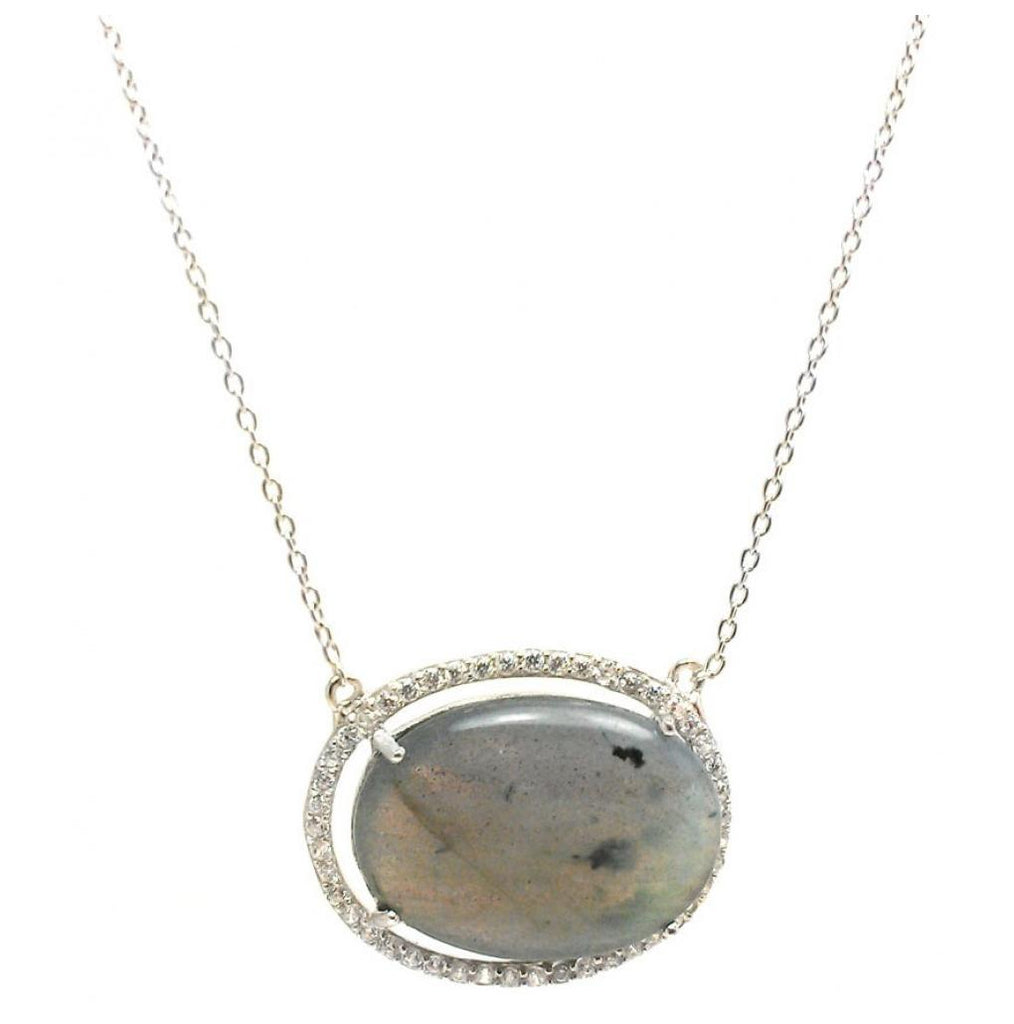 .925 Sterling Silver Rhodium Plated Cz Accents Labradorite Pendant Necklace