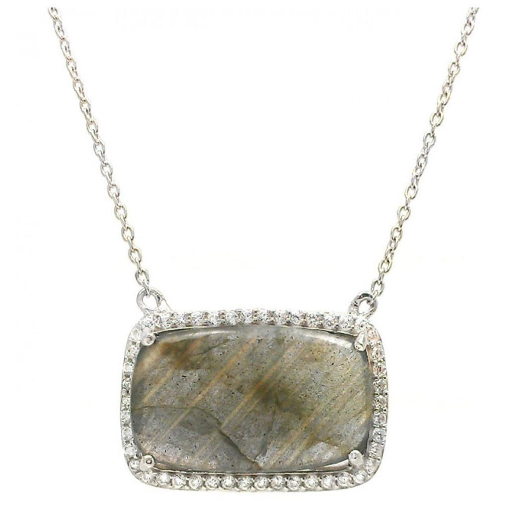 .925 Sterling Silver Rhodium Plated Cz Accents Labradorite Pendant Necklace