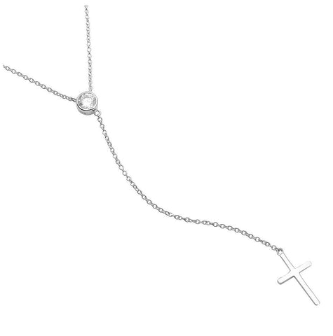 .925 Sterling Silver Rhodium Plated Single Cz Stone With Drop Cross Necklace