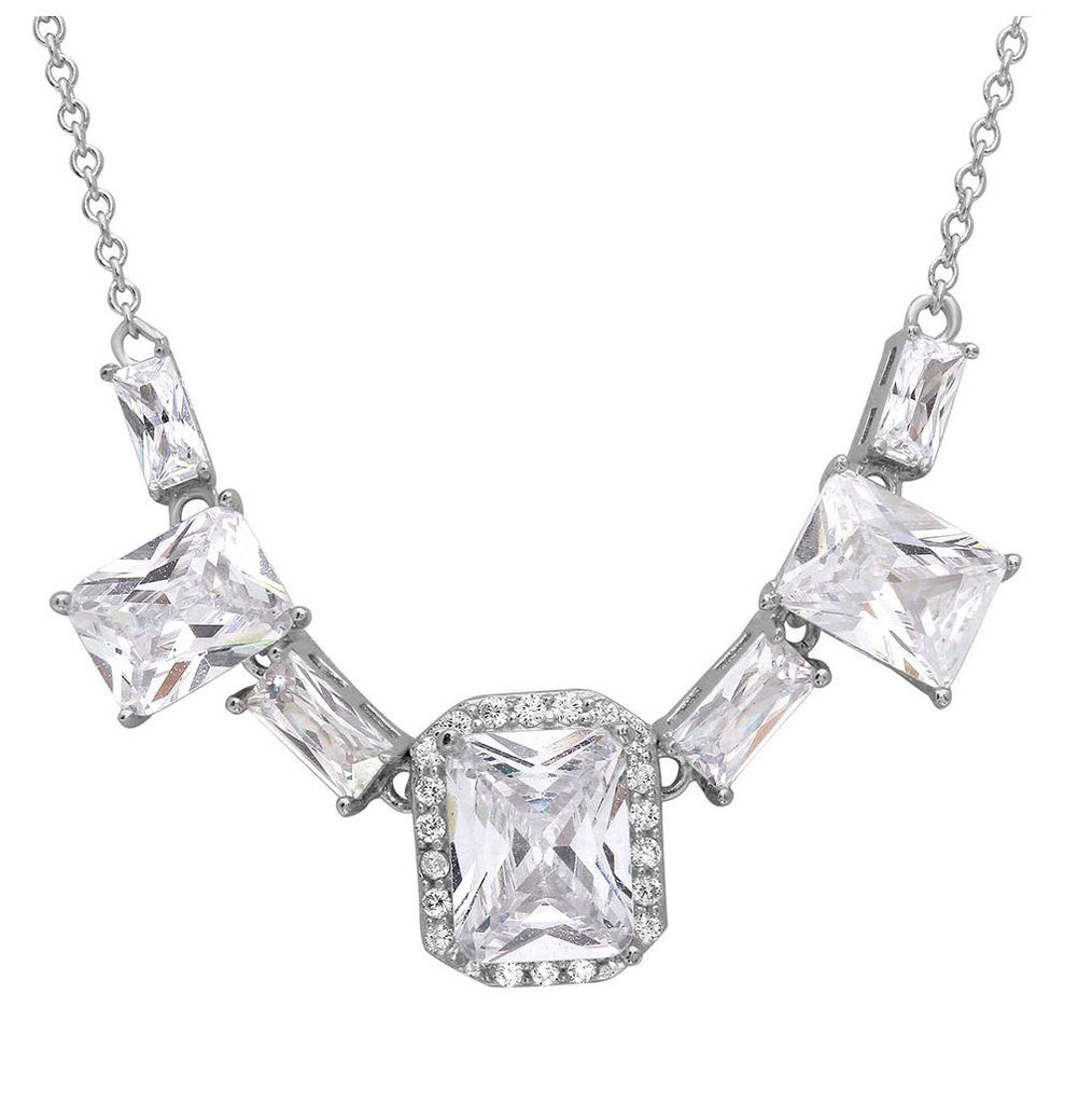 .925 Sterling Silver Rhodium Plated Square Halo Center 7 Cz Necklace