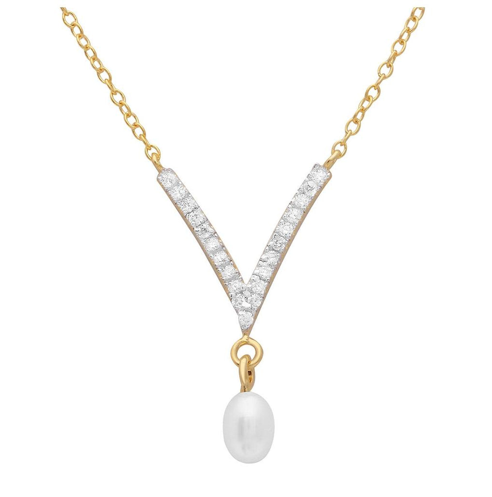 .925 Sterling Silver Gold Plated V Shape Cz Necklace With Hanging Synthetic Pearl