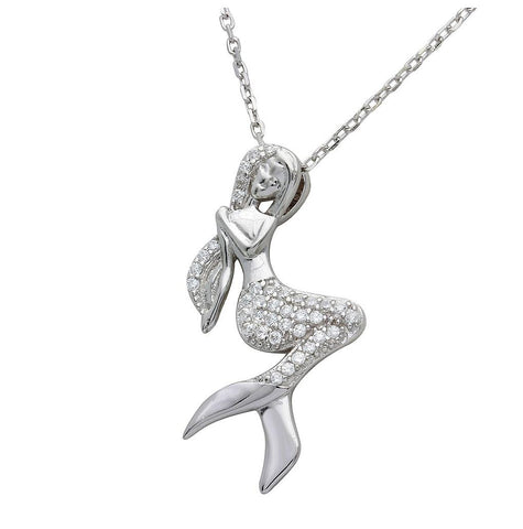 .925 Sterling Silver Rhodium Plated Cz Mermaid Necklace