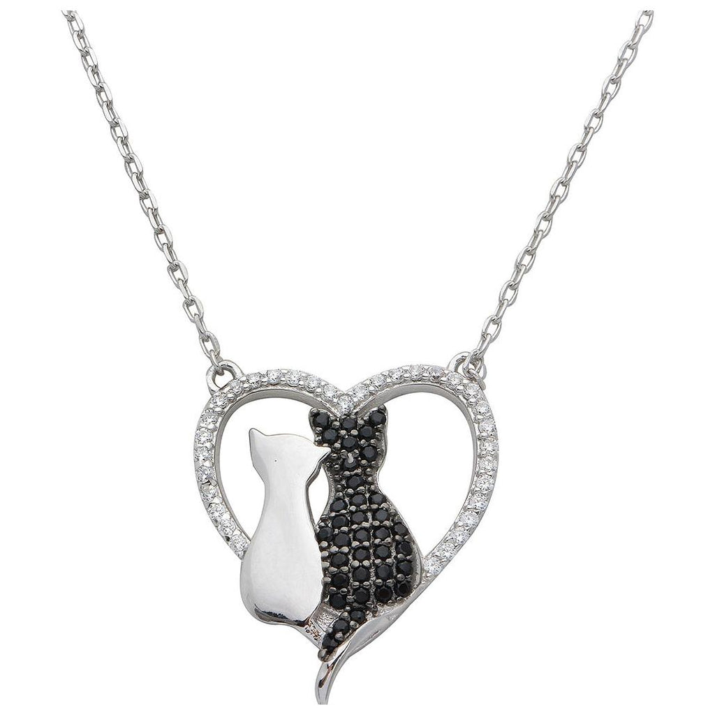 .925 Sterling Silver Rhodium Plated Cz Open Heart With 2 Cat Necklace