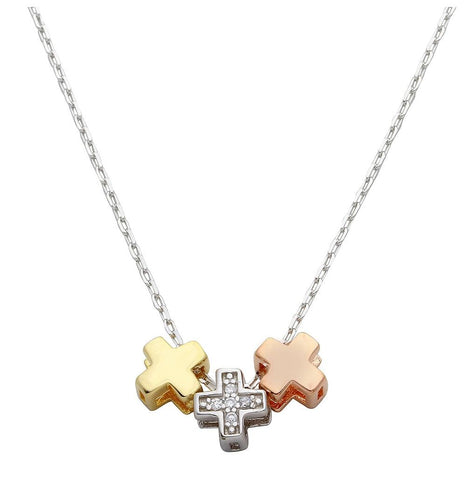 .925 Sterling Silver 3 Toned Cross Charms Necklace