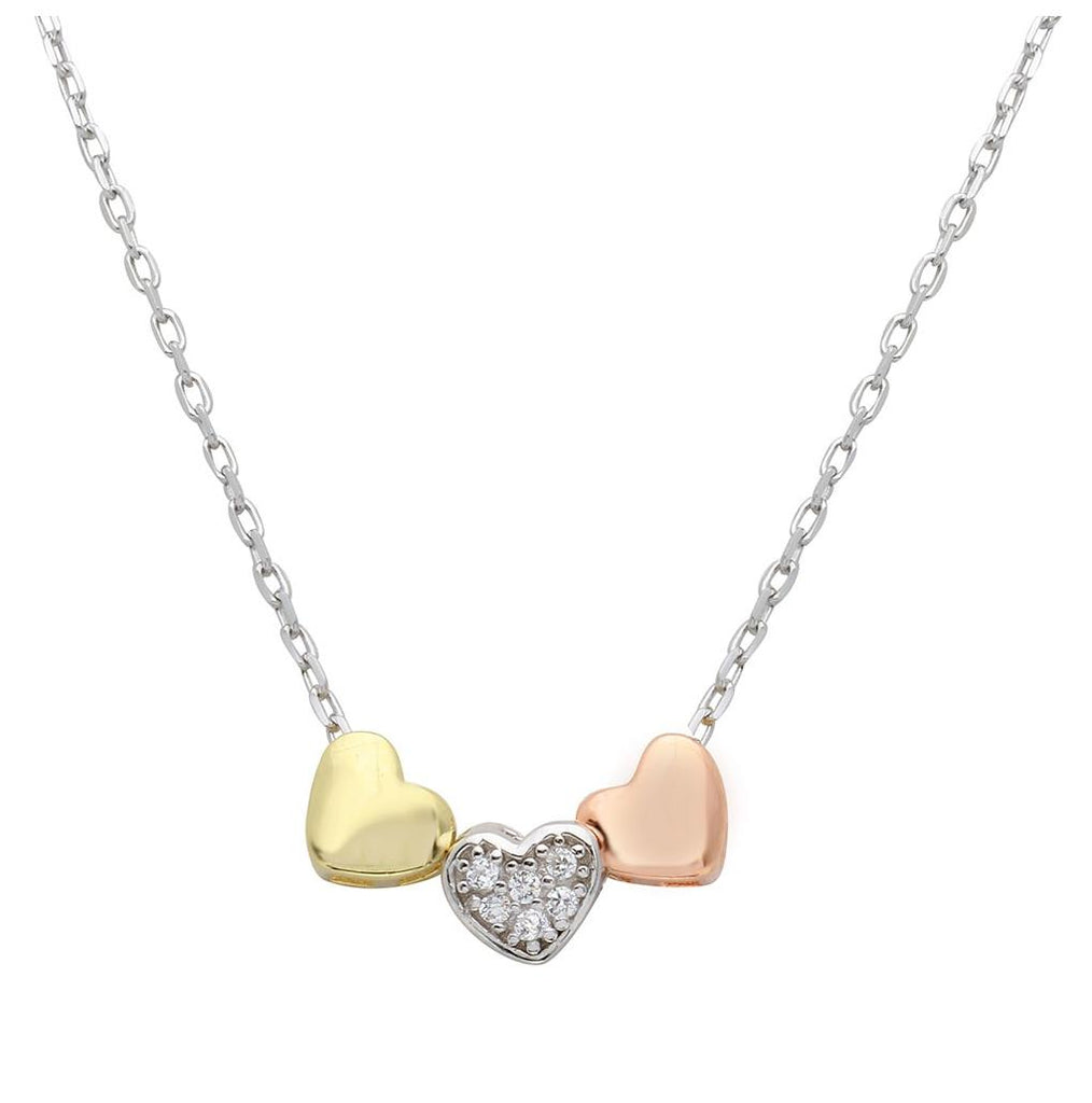 .925 Sterling Silver 3 Toned Heart Charms Necklace