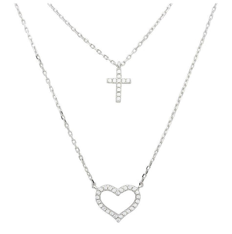 .925 Sterling Silver Rhodium Plated Double Chain Cz Cross And Cz Open Heart Necklace