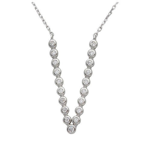 .925 Sterling Silver Rhodium Plated Bubble V Shape Cz Necklace