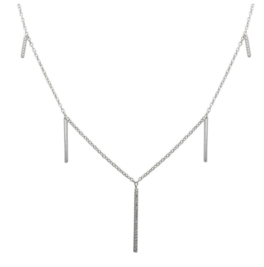 .925 Sterling Silver Rhodium Plated Cz Hanging Bars Necklace