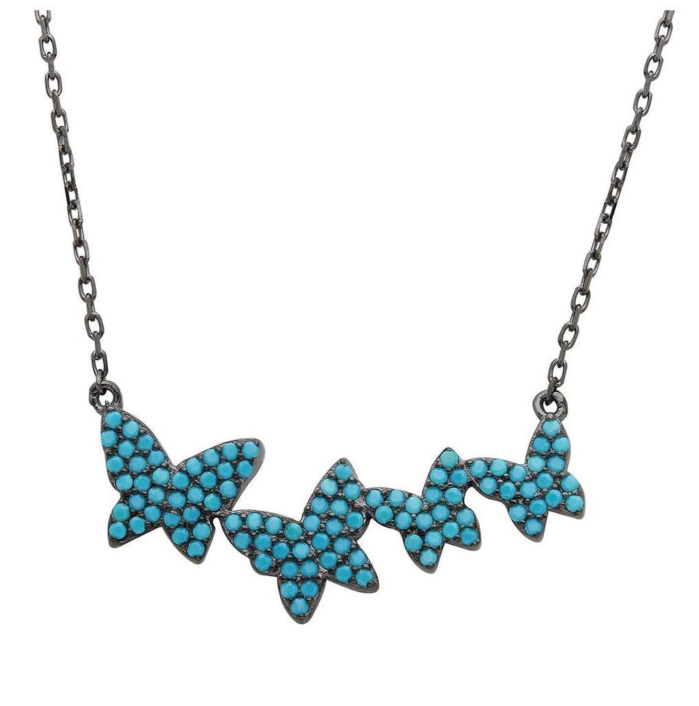 .925 Sterling Silver Black Rhodium Plated Graduated Turquoise Stones Encrusted Butterfly Necklace