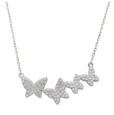 .925 Sterling Silver Rhodium Plated Graduated Cz Encrusted Butterfly Necklace