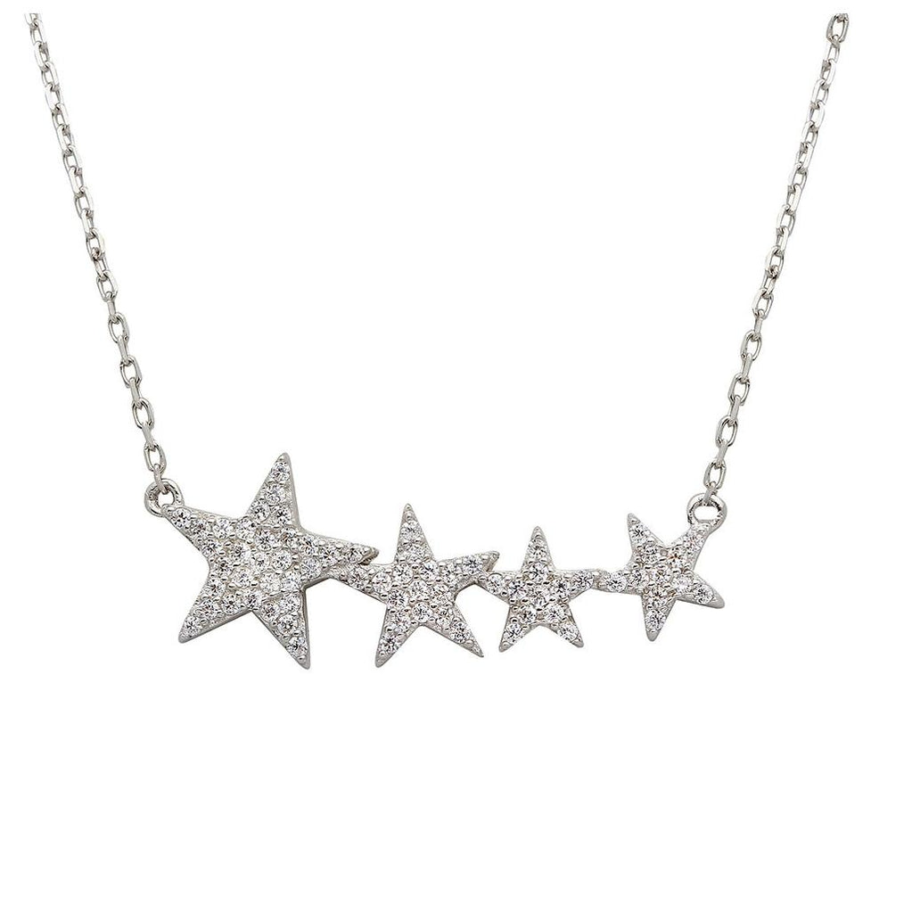 .925 Sterling Silver Rhodium Plated Graduated Cz Star Necklace