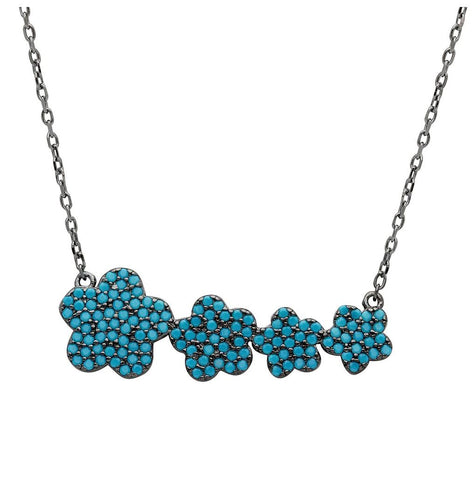 .925 Sterling Silver Black Rhodium Plated 4 Graduated Turquoise Encrusted Flower Necklace