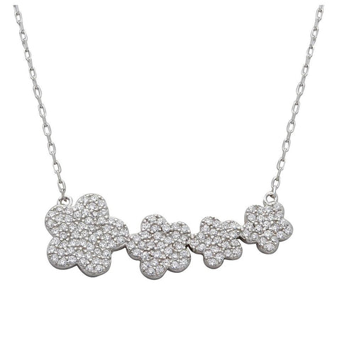 .925 Sterling Silver Rhodium Plated 4 Graduated Cz Encrusted Flower Necklace