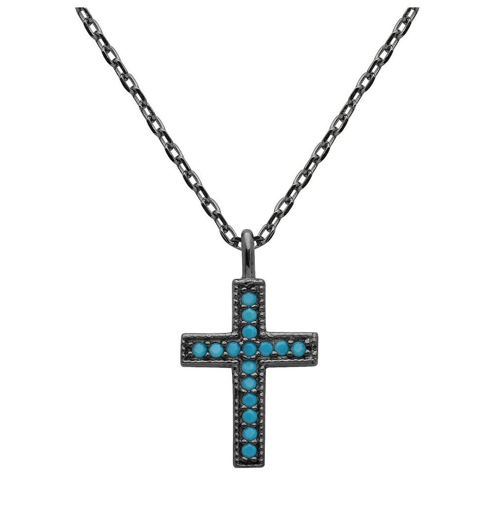 .925 Sterling Silver Black Rhodium Plated Turquoise Stone Cross Necklace