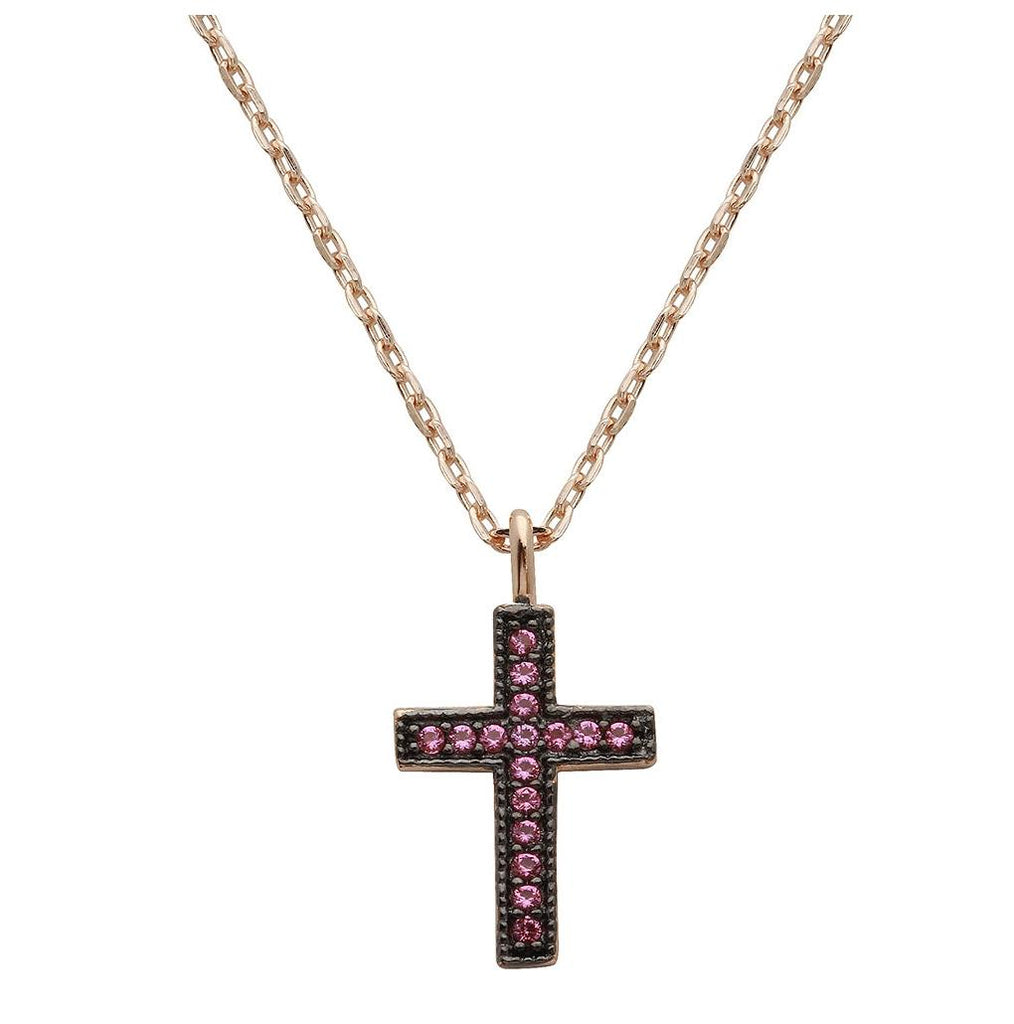 .925 Sterling Silver Rose Gold Plated Pink Cz Cross Necklace