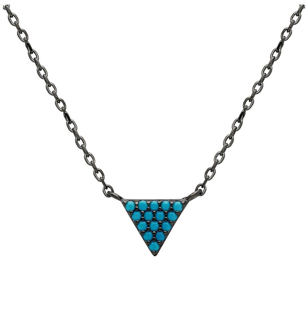 .925 Sterling Silver Black Rhodium Plated Triangle Turquoise Encrusted Necklace