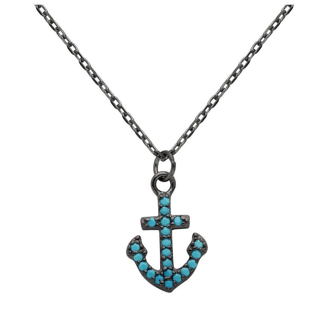 .925 Sterling Silver Black Rhodium Plated Anchor Turquoise Stones Necklace