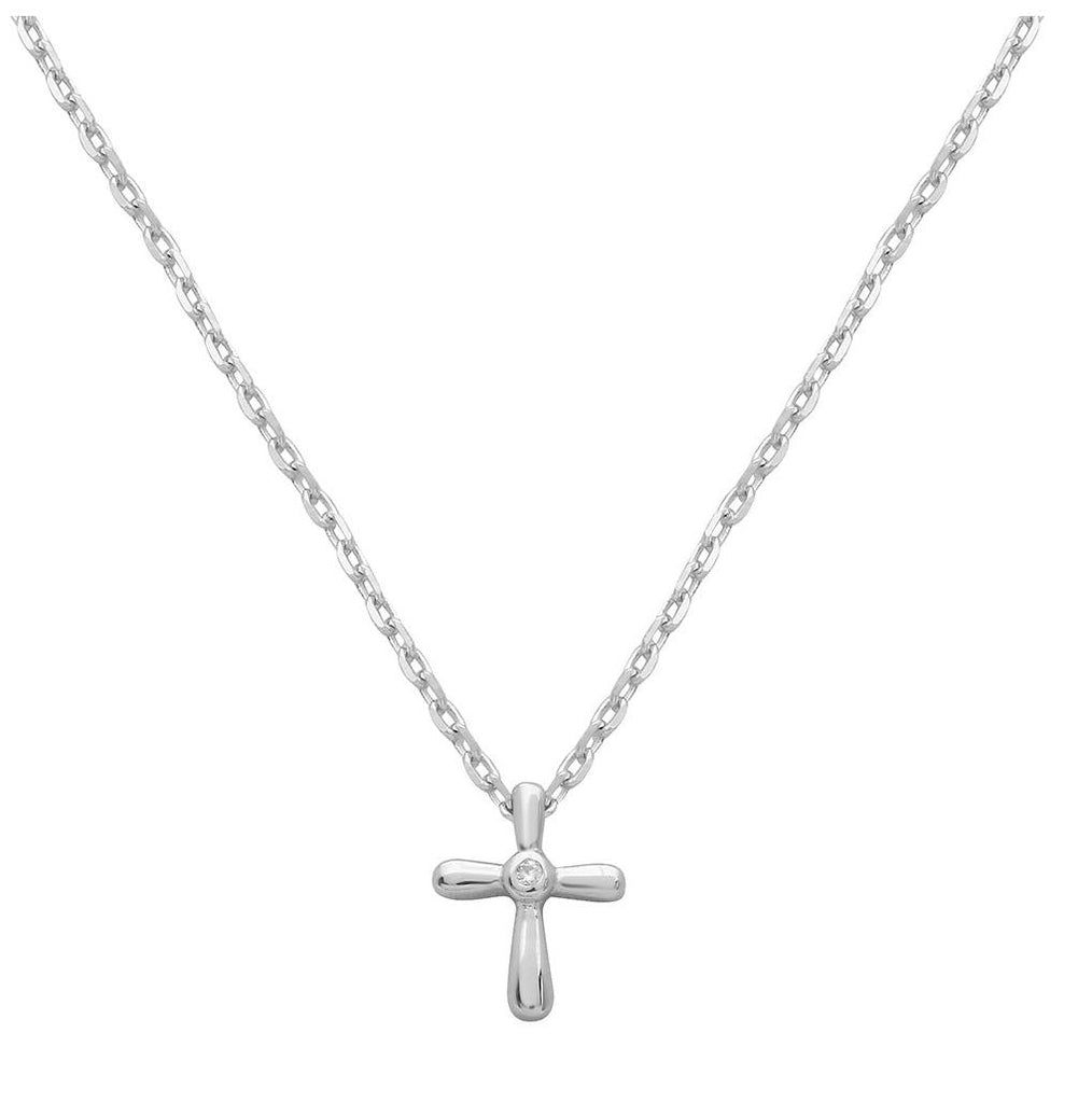 .925 Sterling Silver Rhodium Plated Small Cross With Cz Necklace