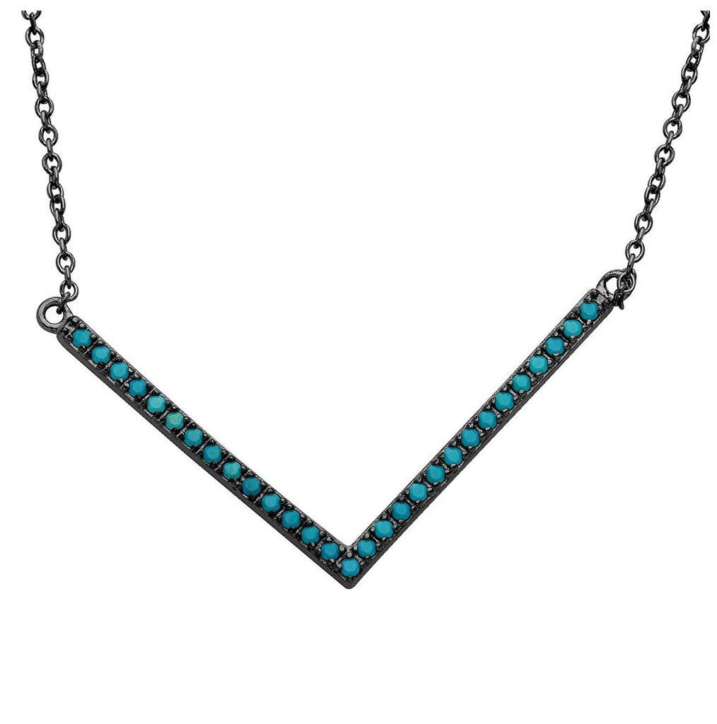 .925 Sterling Silver Black Rhodium Wide V Shape Turquoise Encrusted Necklace