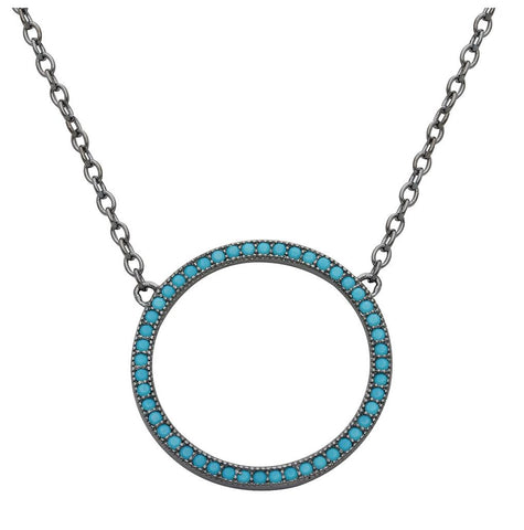 .925 Sterling Silver Black Rhodium Plated Open Circle Turquoise Encrusted Necklace