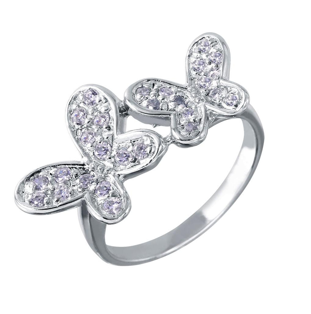 .925 Sterling Silver Rhodium & Rose Gold Plated Pink & Clear Cz Butterfly Ring, <b>size: 5</b>