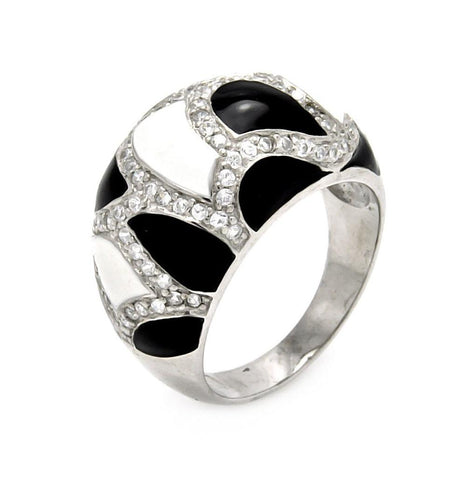 .925 Sterling Silver Rhodium Plated Black & White Enamel Cz Ring, <b>size: 5</b>