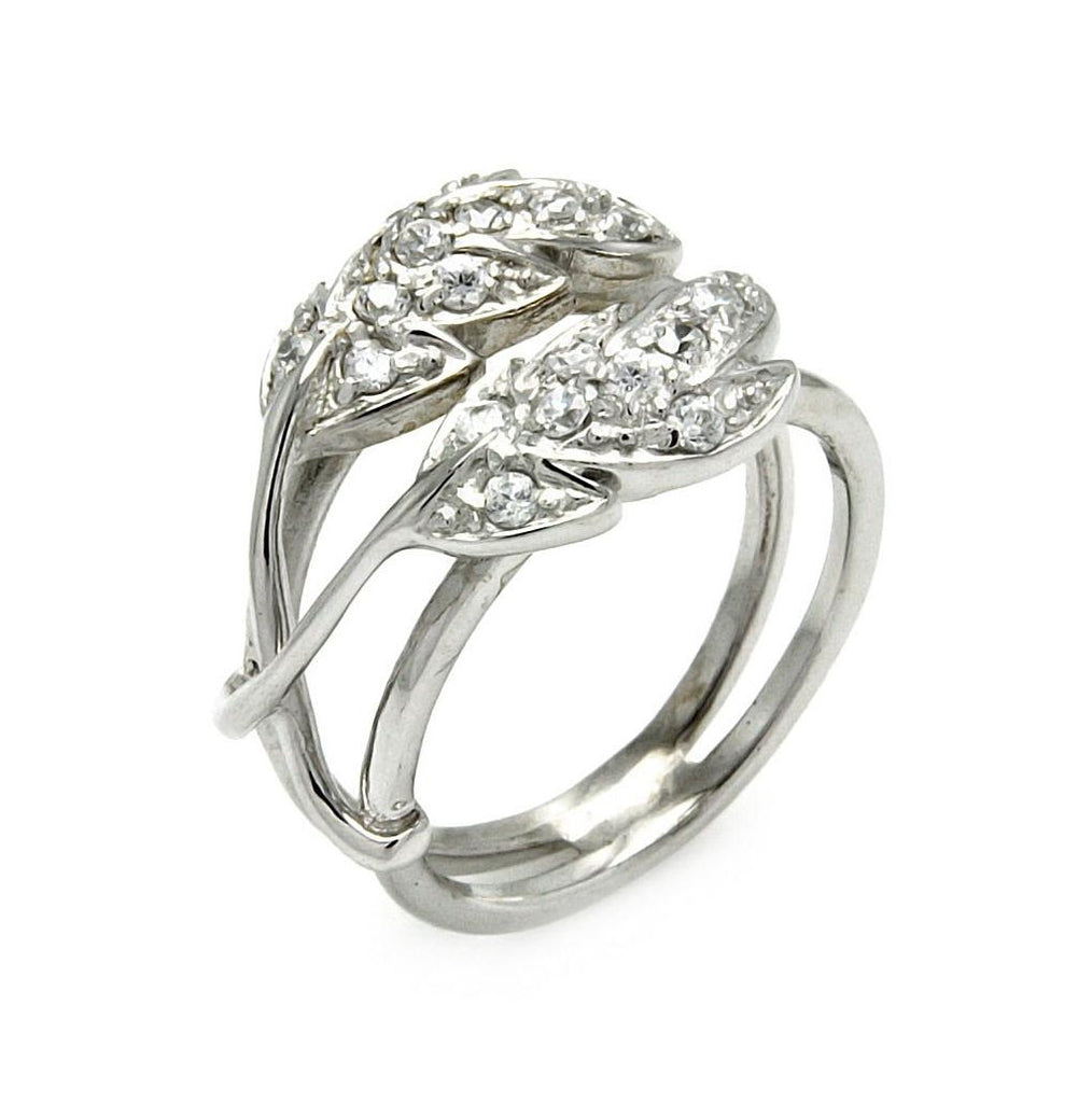 .925 Sterling Silver Rhodium Plated Cz Double Leaf Ring, <b>size: 5</b>