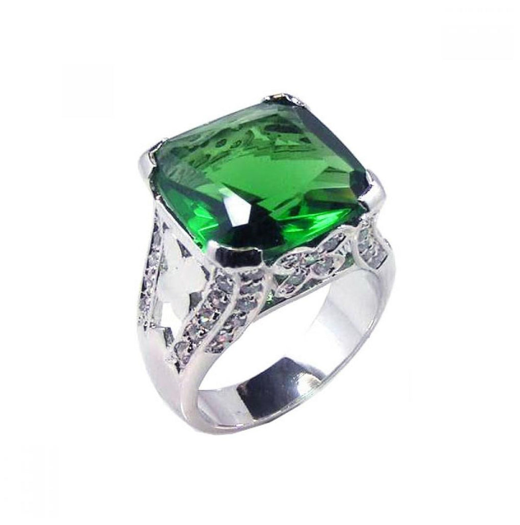 .925 Sterling Silver Rhodium Plated Green Square Cz Ring, <b>size: 5</b>