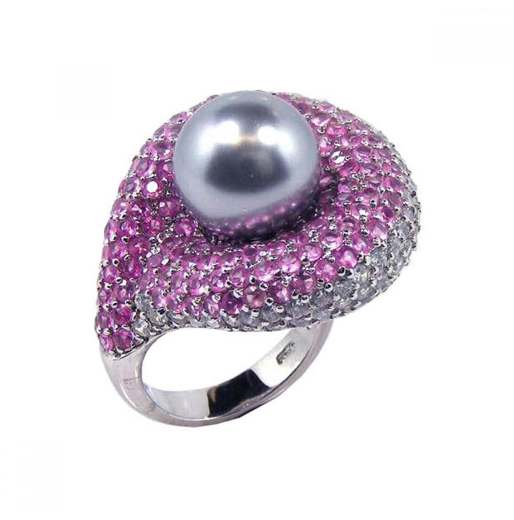 .925 Sterling Silver Rhodium Plated Pearl Center Pink Cluster Cz Ring, <b>size: 5</b>