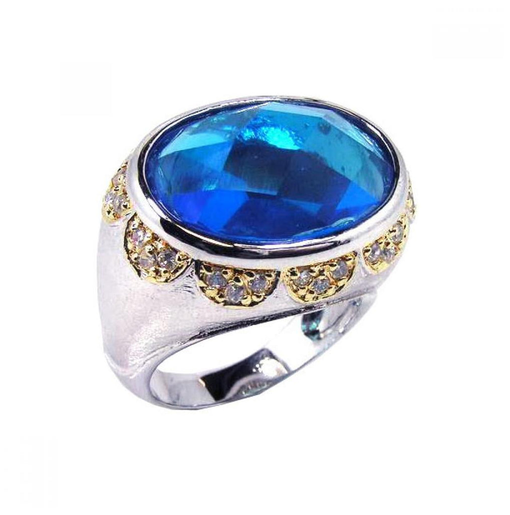 .925 Sterling Silver Rhodium & Gold Plated Blue & Clear Cz Dome Ring, <b>size: 5</b>