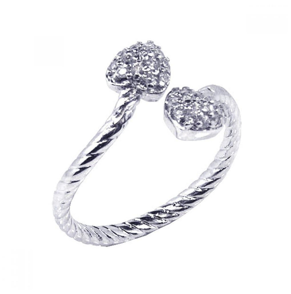 .925 Sterling Silver Rhodium Plated Cz Adjustable Double Heart Ring, <b>size: 5</b>