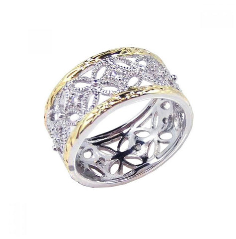 .925 Sterling Silver Rhodium & Gold Plated Border Cz Flower Ring, <b>size: 5</b>