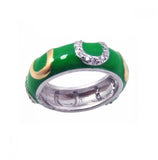 .925 Sterling Silver Rhodium Plated Green Enamel Cz Horse Shoe Ring, <b>size: 5</b>