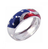 .925 Sterling Silver Rhodium Plated Redwhite& Blue Enamel Pave Set Cz America Ring, <b>size: 5</b>