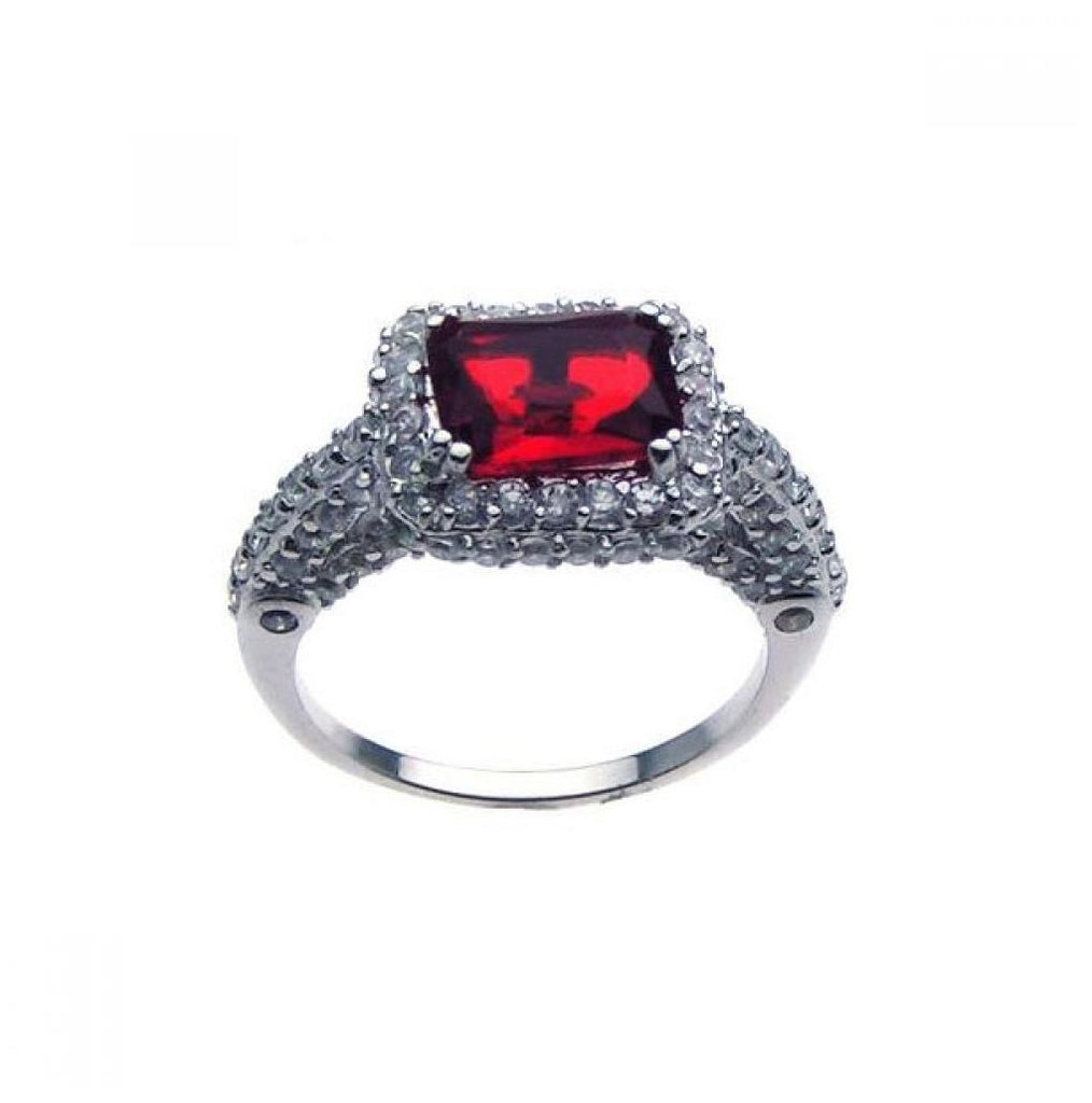 .925 Sterling Silver Rhodium Plated Red Center Pave Set Clear Cz Ring, <b>size: 5</b>