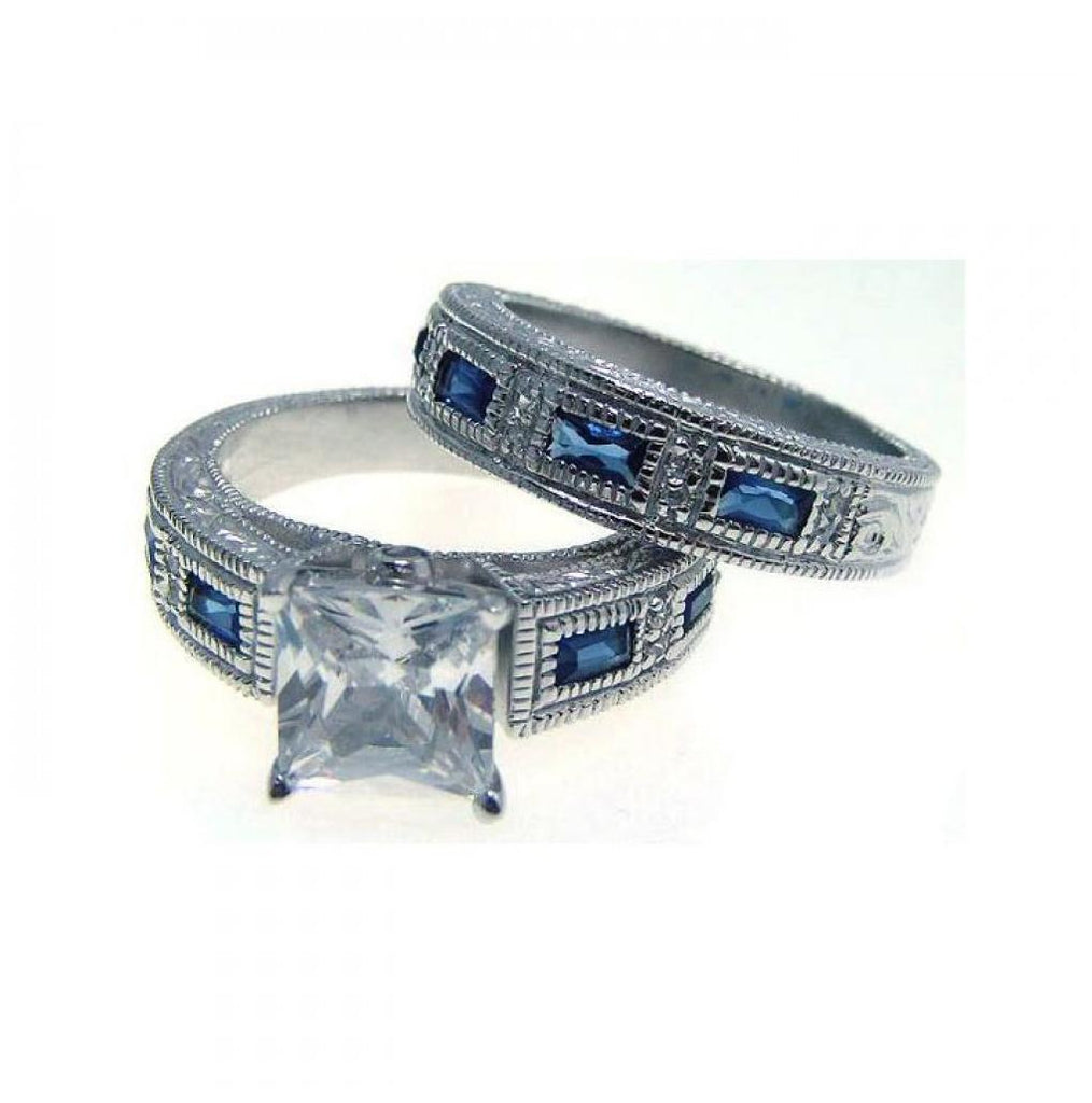 .925 Sterling Silver Rhodium Plated Blue Baguette & Clear Cz Ornate Ring, <b>size: 5</b>