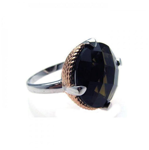 .925 Sterling Silver Rhodium & Rose Gold Plated Rope Black Cz Ring, <b>size: 5</b>