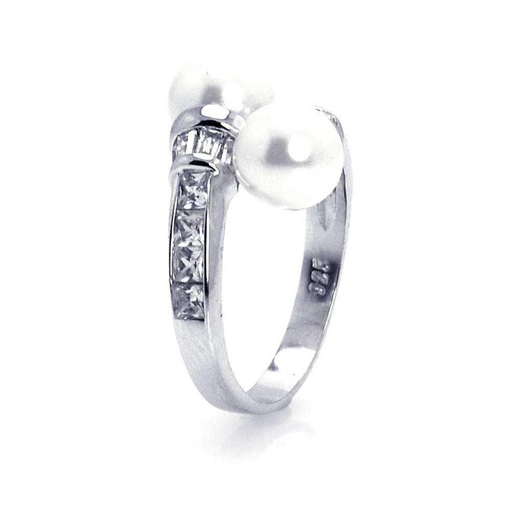 .925 Sterling Silver Rhodium Plated Cz Double Pearl Ring, <b>size: 5</b>