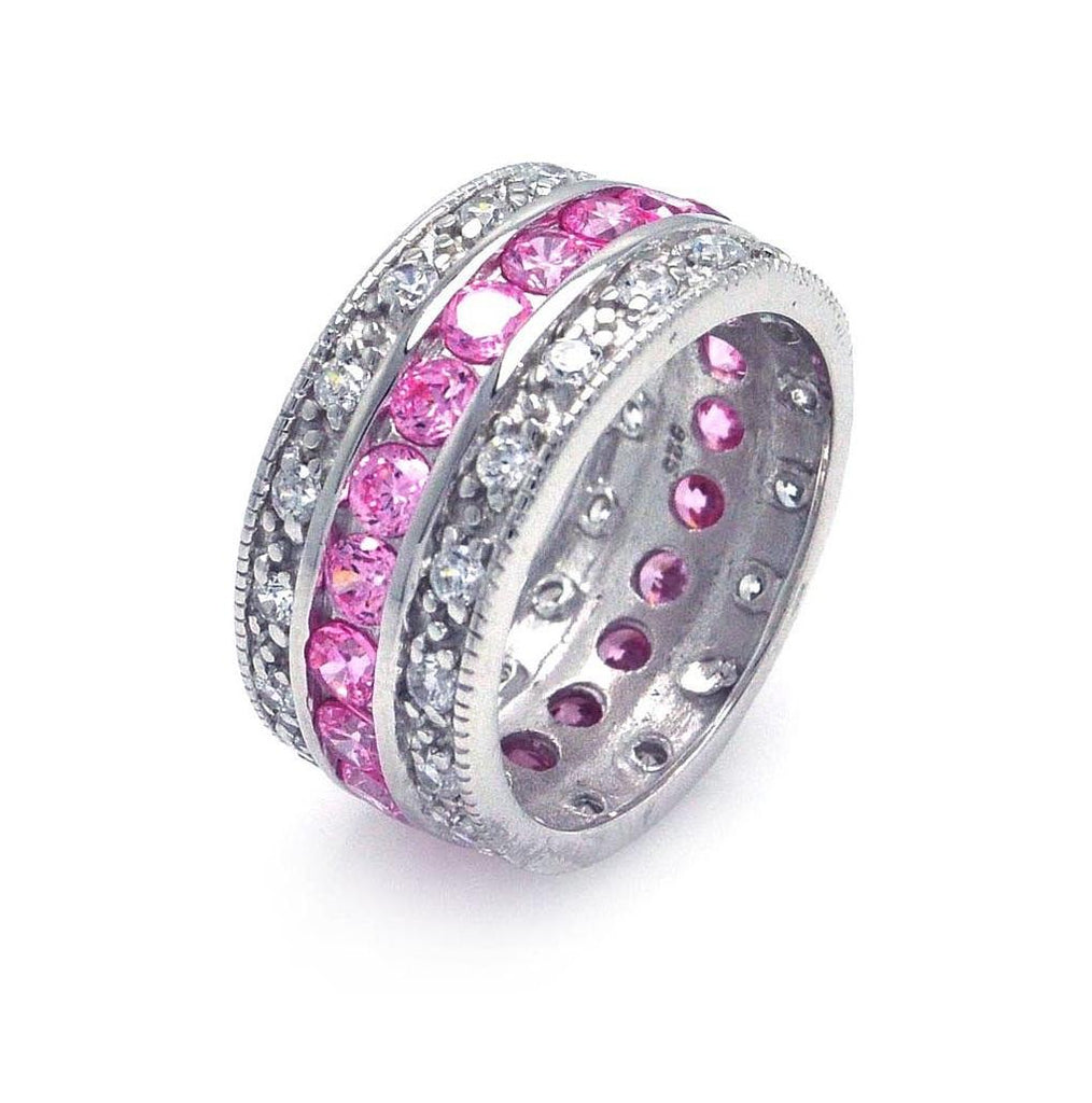 .925 Sterling Silver Rhodium Plated Clear & Pink Cz Channel Eternity Ring, <b>size: 5</b>