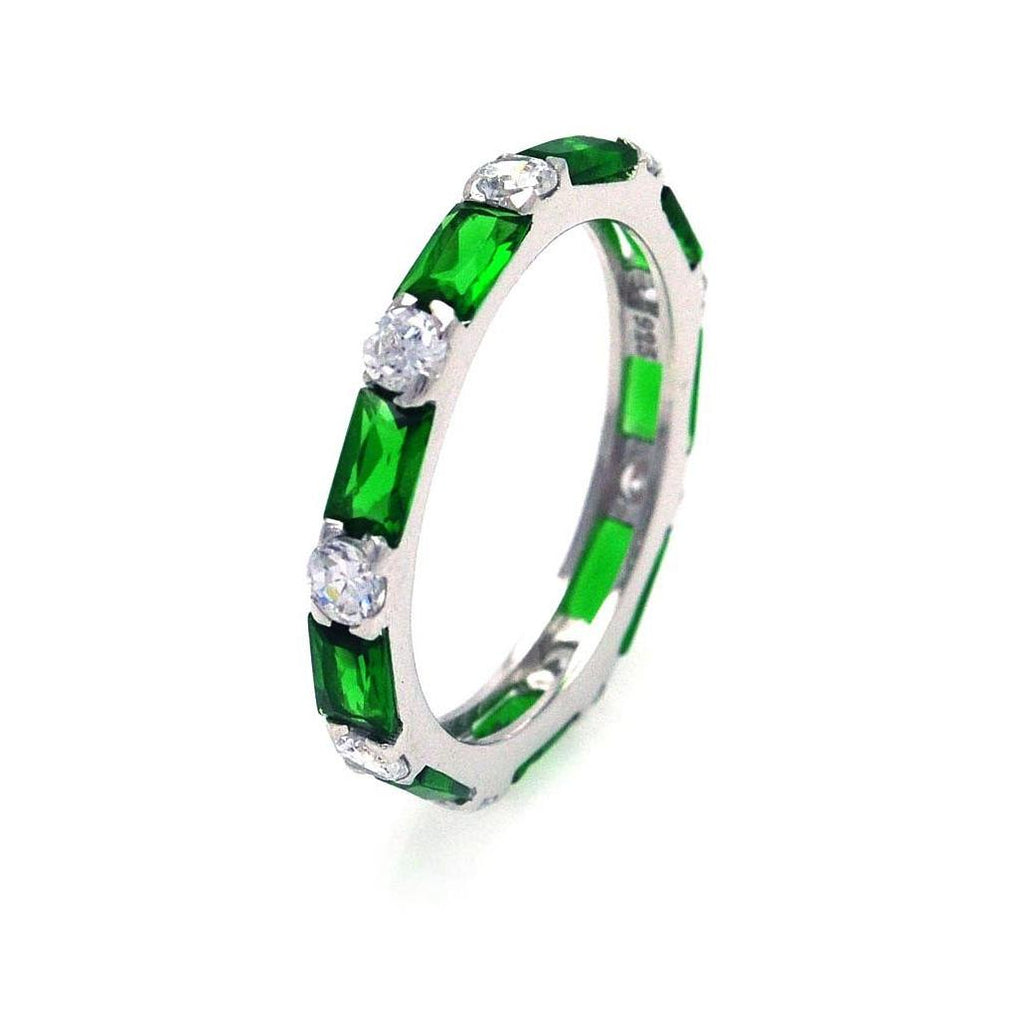 .925 Sterling Silver Rhodium Plated Green Baguette Clear Cz Eternity Ring, <b>size: 5</b>