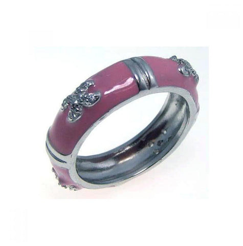 .925 Sterling Silver Rhodium Plated Pink Enamel Pave Set Cz Ring, <b>size: 5</b>