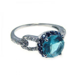 .925 Sterling Silver Rhodium Plated Blue Center Cluster & Clear Cz Ring, <b>size: 5</b>