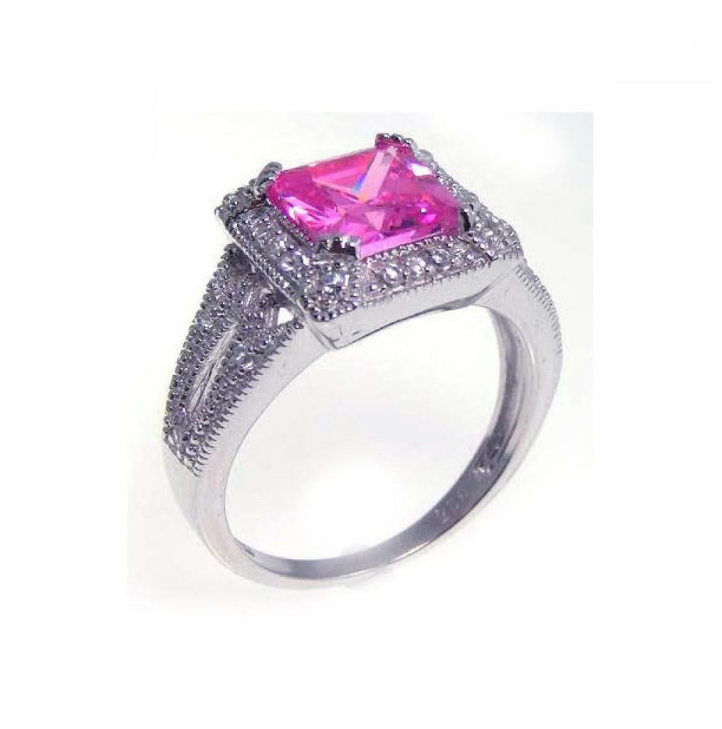 .925 Sterling Silver Rhodium Plated Princess Cut Pink & Clear Cluster Cz Ring, <b>size: 5</b>