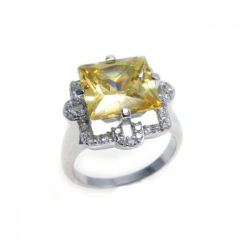 .925 Sterling Silver Rhodium Plated Yellow Princess Cut Center & Clear Cz Ring, <b>size: 5</b>